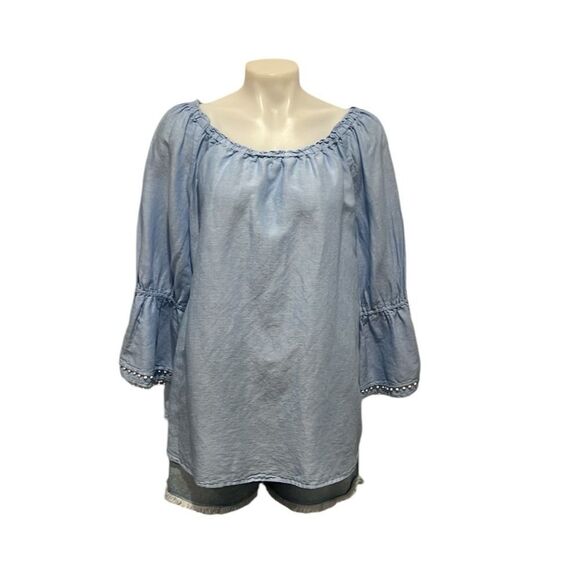 Talbots Factory blue linen blend boat neck bell sleeves top size Large - Picture 1 of 7